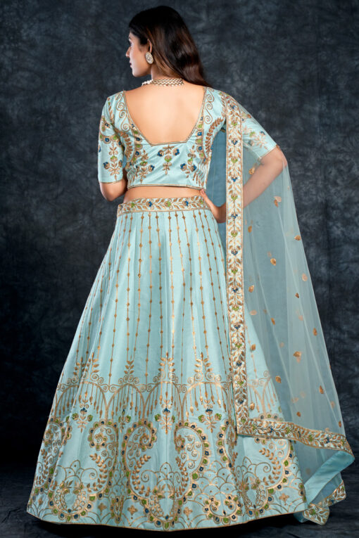 Silk Fabric Sangeet Wear Lovely Lehenga In Light Cyan Color