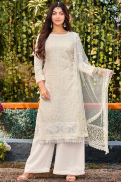 Akanksha Puri Fascinating White Color Georgette Fabric Palazzo Suit