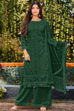 Akanksha Puri Dazzling Georgette Fabric Dark Green Color Palazzo Suit