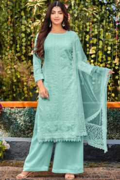 Akanksha Puri Radiant Light Cyan Color Georgette Fabric Palazzo Suit