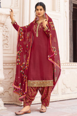 Fascinating Red Color Crepe Fabric Festival Style Patiala Suit
