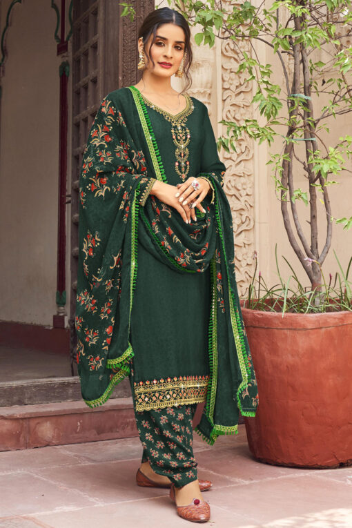 Dazzling Crepe Fabric Dark Green Color Festival Style Patiala Suit