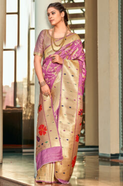 Mesmeric Pink Color Weaving Work On Saree In Art Silk Fabric