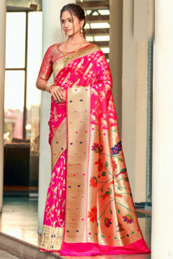 Excellent Pink Color Art Silk Fabric Saree With Weaving Work