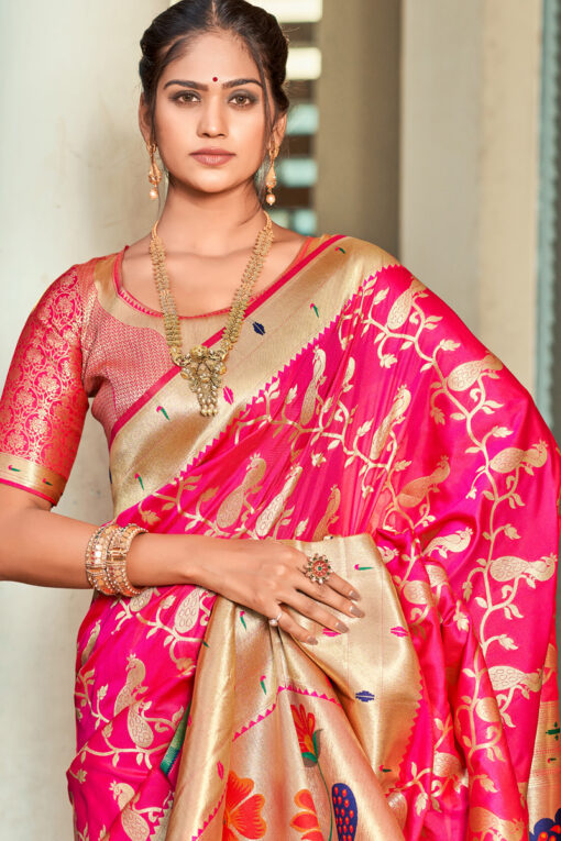 Excellent Pink Color Art Silk Fabric Saree With Weaving Work
