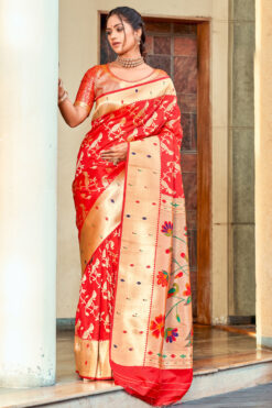 Entrancing Art Silk Fabric Weaving Work Saree In Red Color