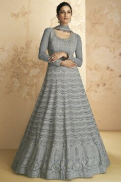 Tempting Georgette Fabric Grey Color Gown With Dupatta