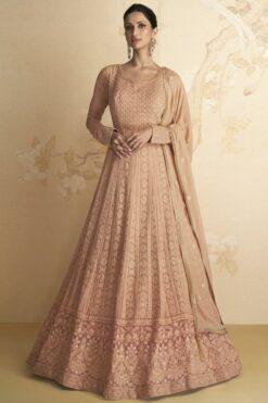 Engaging Peach Color Georgette Fabric Gown With Dupatta