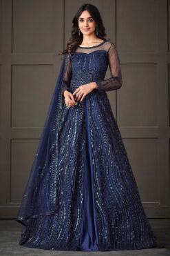 Trendy Navy Blue Color Net Fabric Anarkali Suit With Sequins Work