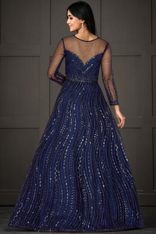 Trendy Navy Blue Color Net Fabric Anarkali Suit With Sequins Work