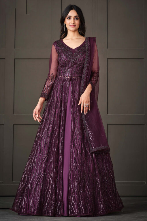 Sequins Work Purple Color Blazing Anarkali Suit In Net Fabric