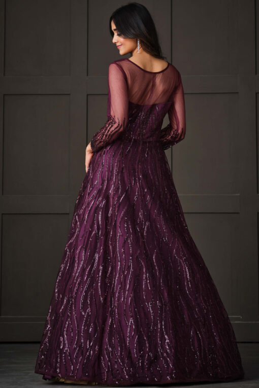 Sequins Work Purple Color Blazing Anarkali Suit In Net Fabric