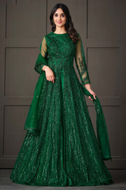 Green Color Gleaming Sequins Work Anarkali Suit In Net Fabric