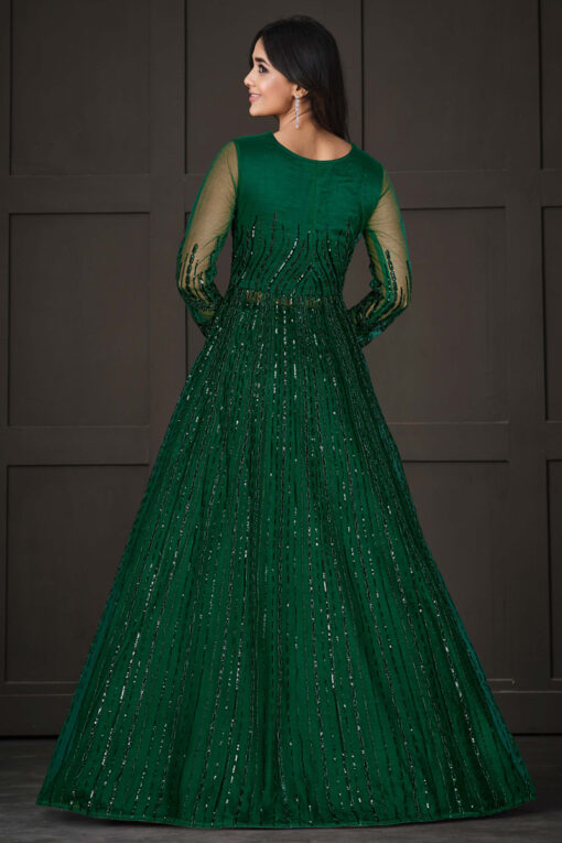 Green Color Gleaming Sequins Work Anarkali Suit In Net Fabric