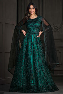 Radiant Sea Green Color Net Fabric Sequins Work Anarkali Suit