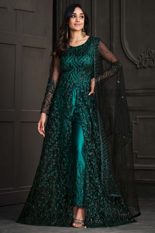 Radiant Sea Green Color Net Fabric Sequins Work Anarkali Suit