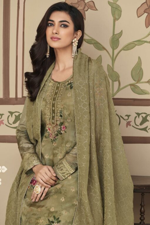 Digital Printed Olive Color Inventive Palazzo Suit In Art Silk Fabric