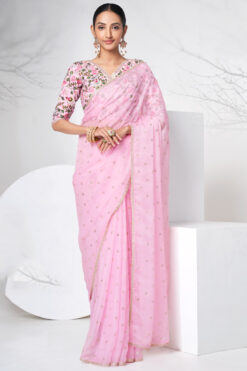 Excellent Organza Fabric Pink Color Function Wear Saree