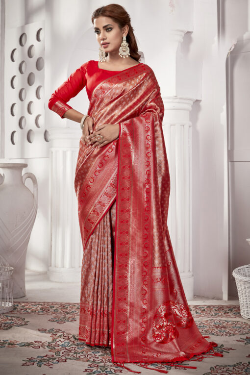 Charming Red Color Tissue Silk Fabric Weaving Work Saree