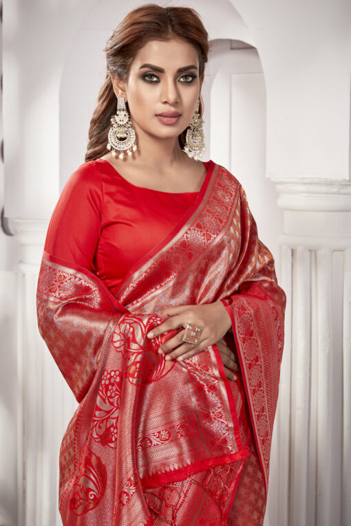Charming Red Color Tissue Silk Fabric Weaving Work Saree