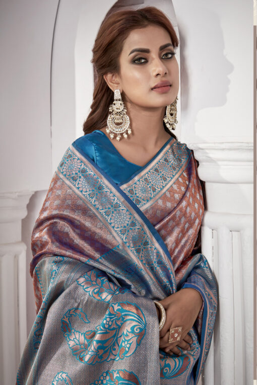 Excellent Tissue Silk Fabric Blue Color Weaving Work Saree