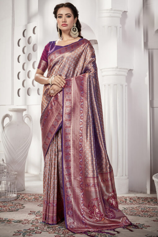 Purple Color Tissue Silk Fabric Elegant Weaving Work Saree