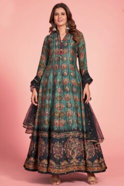 Art Silk Fabric Green Color Superior Kalamkari Printed Gown