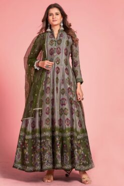 Grey Color Splendid Kalamkari Printed Gown In Art Silk Fabric