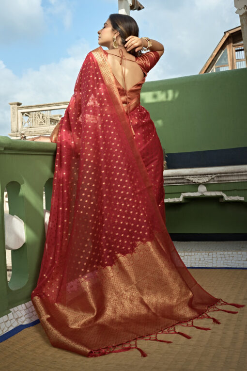 Pleasant Weaving Work Organza Fabric Saree In Maroon Color