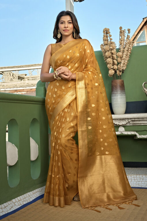 Soothing Organza Fabric Weaving Work Saree In Mustard Color