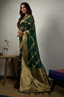 Gorgeous Organza Fabric Dark Green Color Weaving Work Saree
