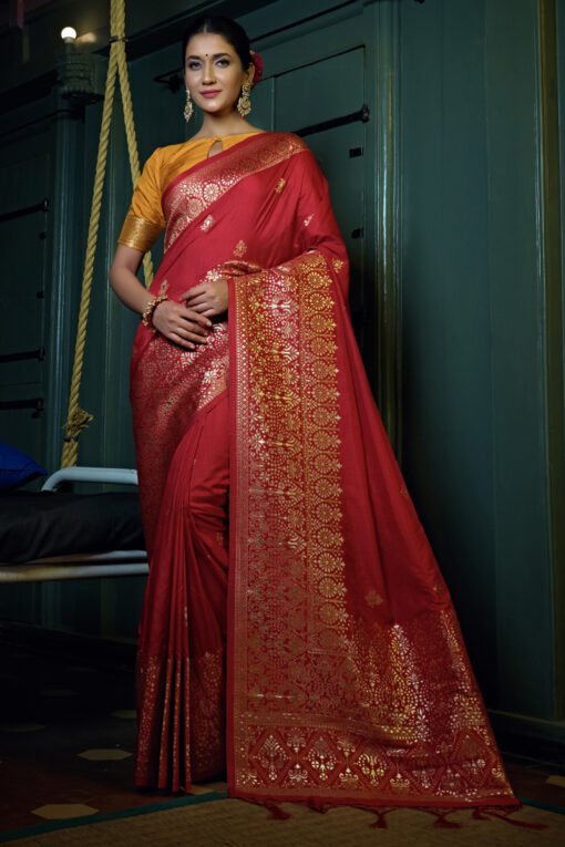 Red Color Banarasi Silk Fabric Beatific Function Style Saree