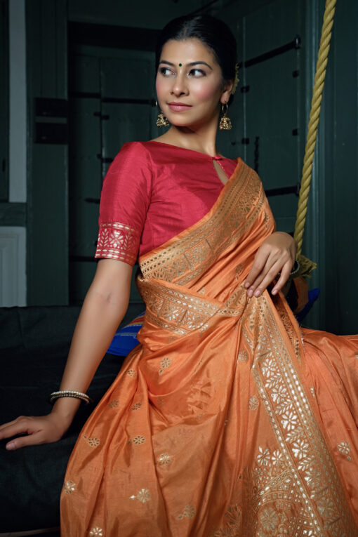 Tempting Banarasi Silk Fabric Peach Color Function Style Saree