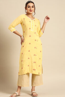 Yellow Color Rayon Fabric Festival Wear Riveting Kurti