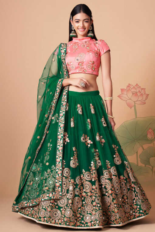 Charming Green Color Net Fabric Lehenga Choli In Sangeet Wear