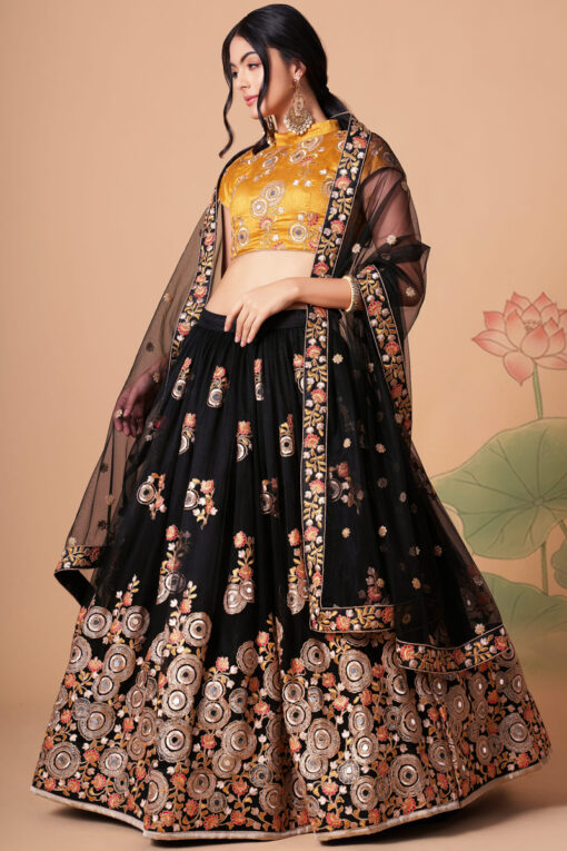 Mesmeric Black Color Sangeet Wear Lehenga Choli In Net Fabric