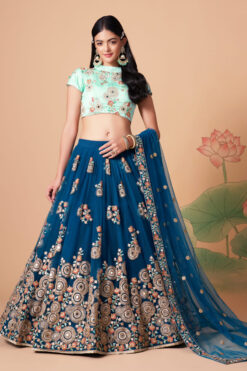 Excellent Net Fabric Blue Color Lehenga Choli In Sangeet Wear