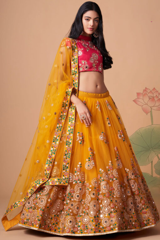 Engaging Yellow Color Net Fabric Lehenga Choli In Sangeet Wear