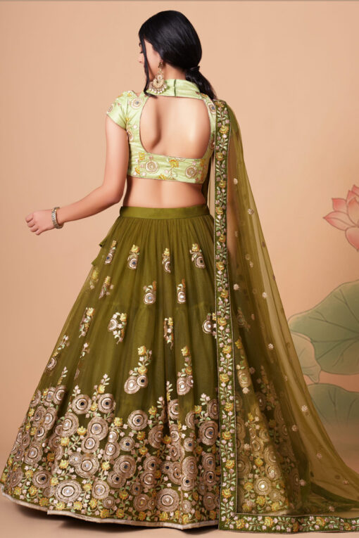 Classic Sangeet Wear Mehendi Green Color Lehenga Choli In Net Fabric