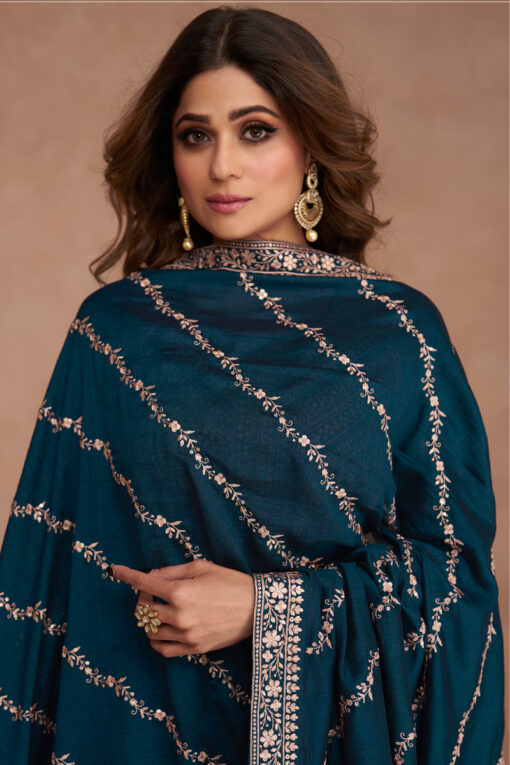 Shamita Shetty Tempting Art Silk Fabric Teal Color Gown With Dupatta