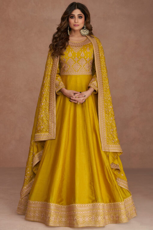 Shamita Shetty Classic Yellow Color Gown With Dupatta In Art Silk Fabric