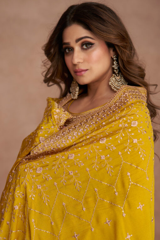 Shamita Shetty Classic Yellow Color Gown With Dupatta In Art Silk Fabric