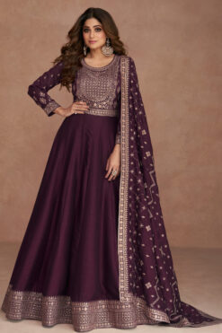 Shamita Shetty Art Silk Fabric Wine Color Winsome Gown With Dupatta