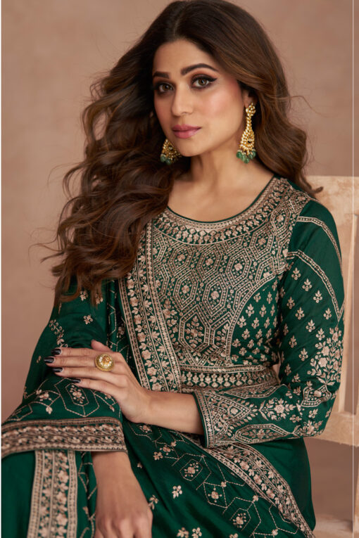 Shamita Shetty Creative Art Silk Fabric Gown With Dupatta In Dark Green Color