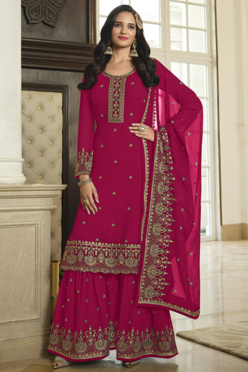 Function Wear Georgette Fabric Brilliant Sharara Suit In Rani Color