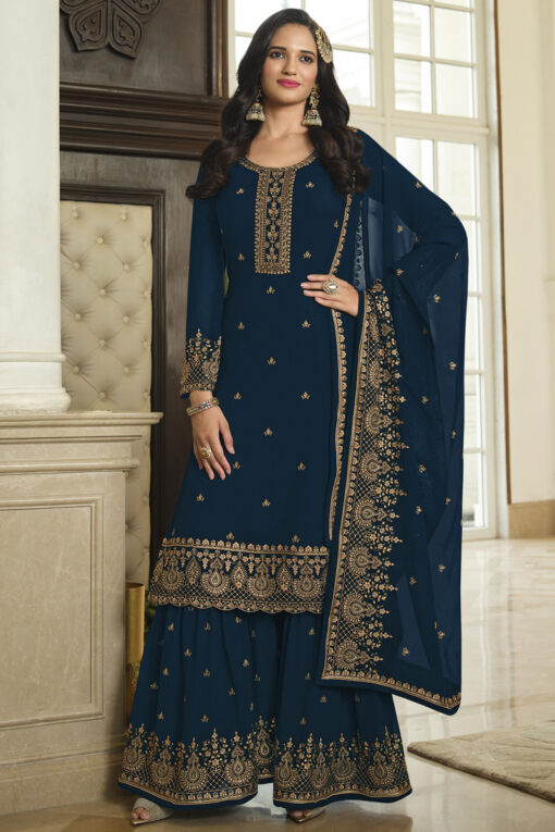 Georgette Fabric Teal Color Stunning Sharara Suit In Function Wear