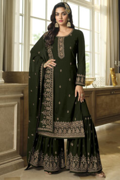 Georgette Fabric Ravishing Function Wear Mehendi Green Color Sharara Suit