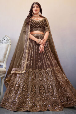Brown Color Net Fabric Coveted Lehenga Choli With Sequins Work