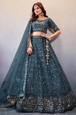 Net Fabric Teal Color Patterned Lehenga Choli With Sequins Work