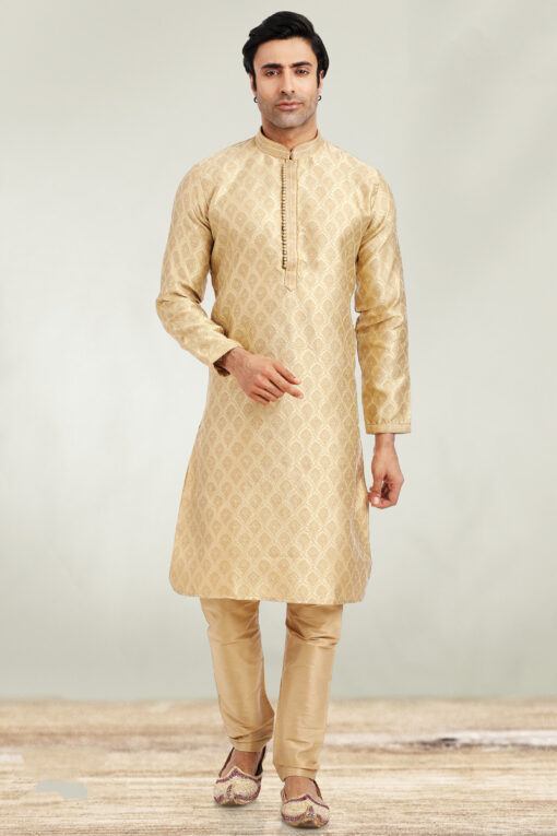 Jacquard Fabric Golden Color Lavish Sangeet Wear Kurta Pyjama